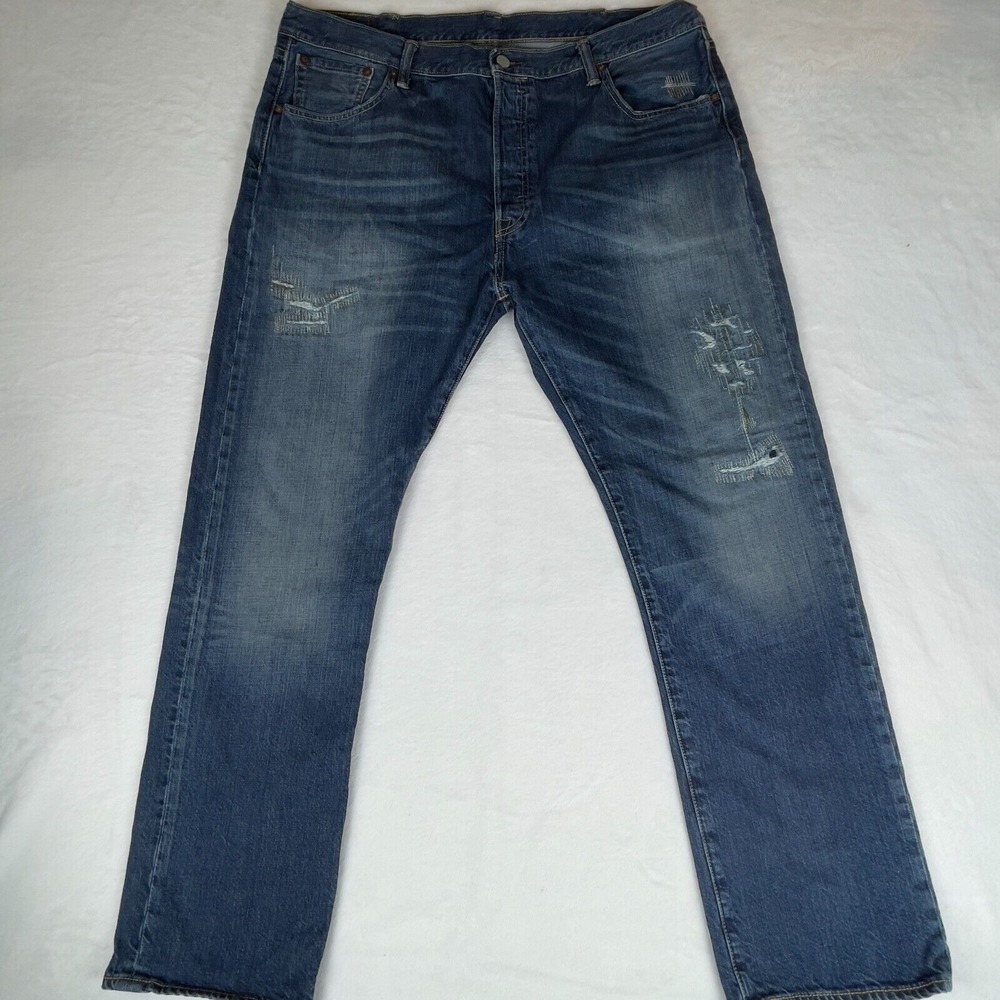 Levi's 501 Jeans Men 40x32 Blue Denim Distressed Flat Front Straight Leg Red Tab